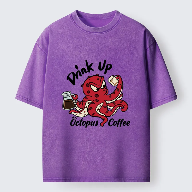 Tokyo-Tiger Red Octopus Drinking Coffee Washed T-Shirt