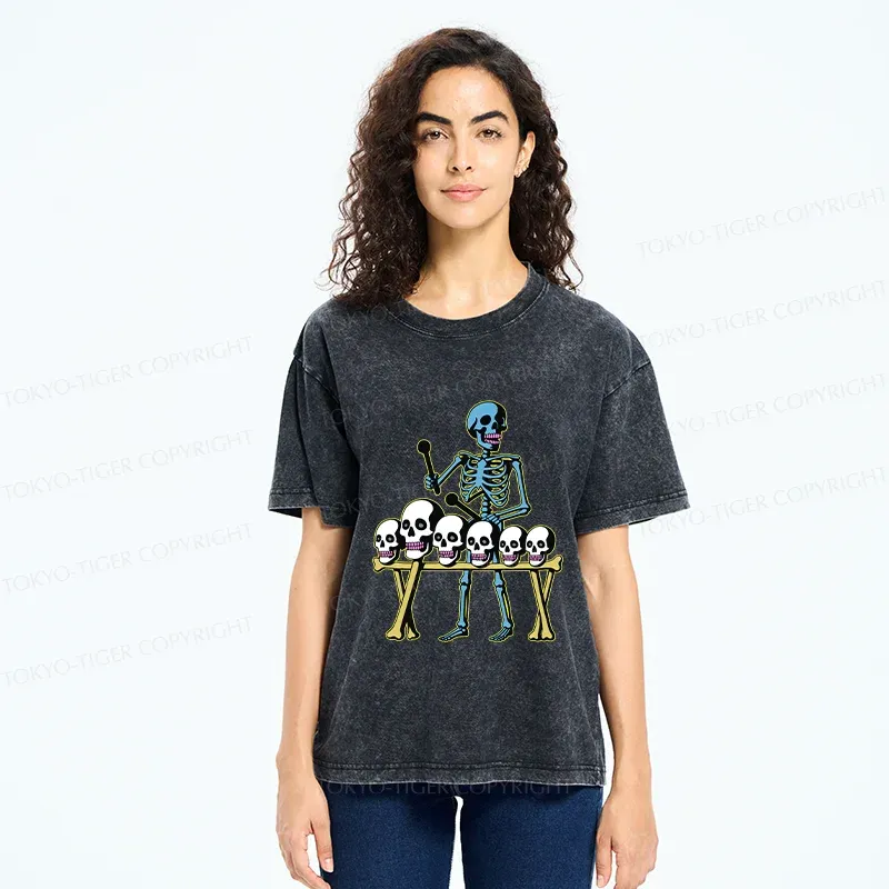Tokyo-Tiger Skeleton Playing Bone Piano Washed T-Shirt