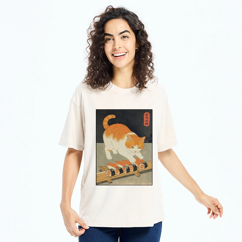 Tokyo-Tiger Cat Trying To Steal Sushi Washed T-Shirt
