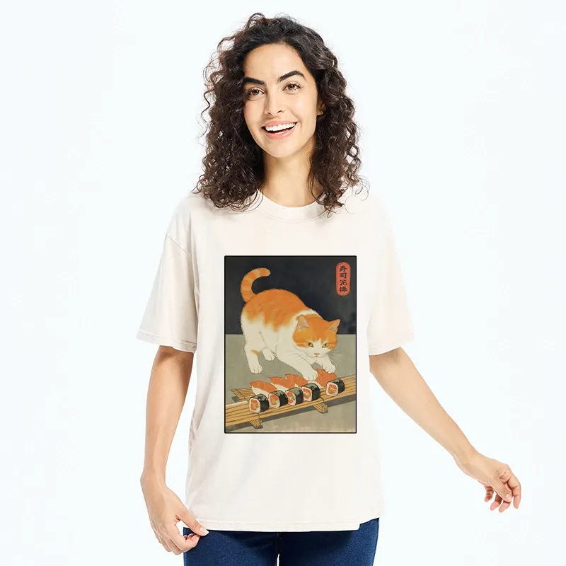 Tokyo-Tiger Cat Trying To Steal Sushi Washed T-Shirt