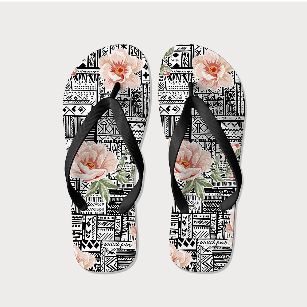 Tokyo-Tiger Flowers In Line Art Flip Flops