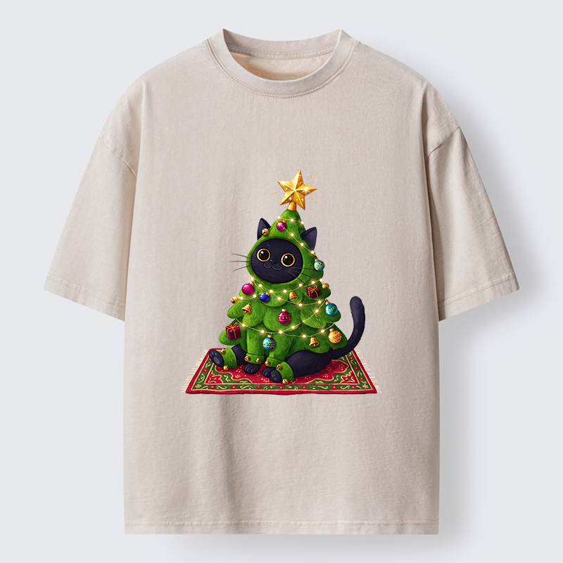 Tokyo-Tiger Cute Christmas Tree Cat Washed T-Shirt