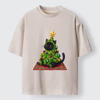 Tokyo-Tiger Cute Christmas Tree Cat Washed T-Shirt