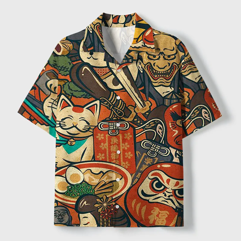 Tokyo-Tiger Japanese Traditional Elements Cuban Collar Shirt Sale