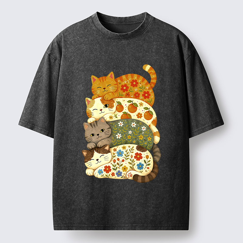 Tokyo‑Tiger Stacked Floral Cats Washed T‑Shirt