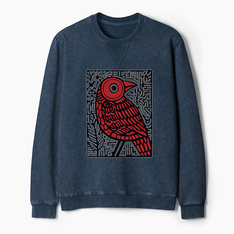 Tokyo-Tiger Retro Woodblock Bird Washed Terry Sweatshirt