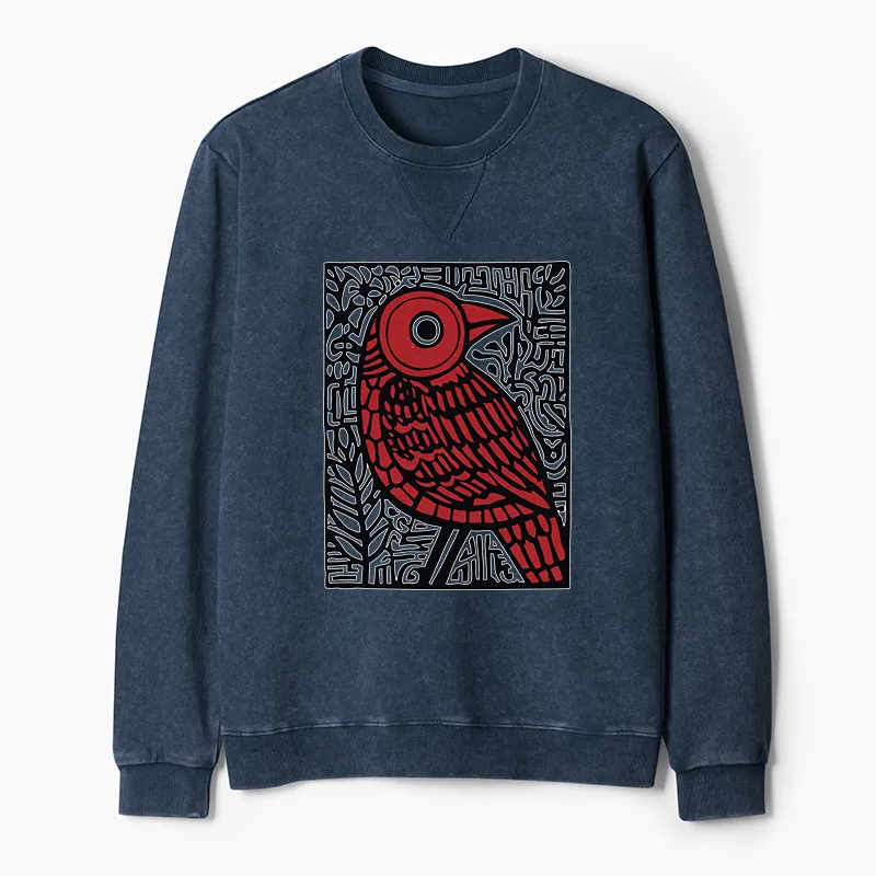 Tokyo-Tiger Retro Woodblock Bird Washed Terry Sweatshirt