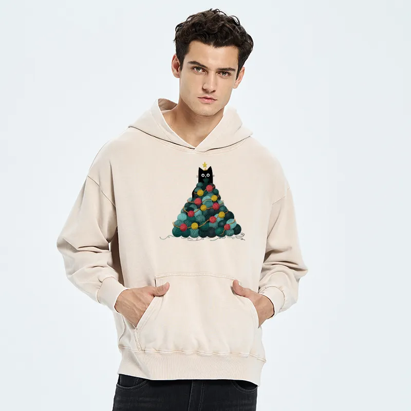 Tokyo-Tiger Yarn Christmas Tree Cat Washed Hoodie