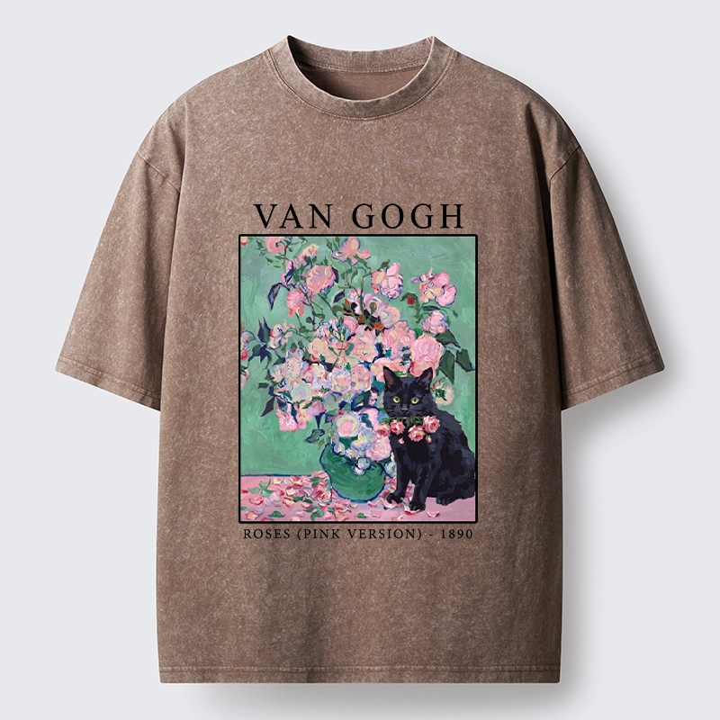 Tokyo‑Tiger Art Cat With Roses Washed T‑Shirt