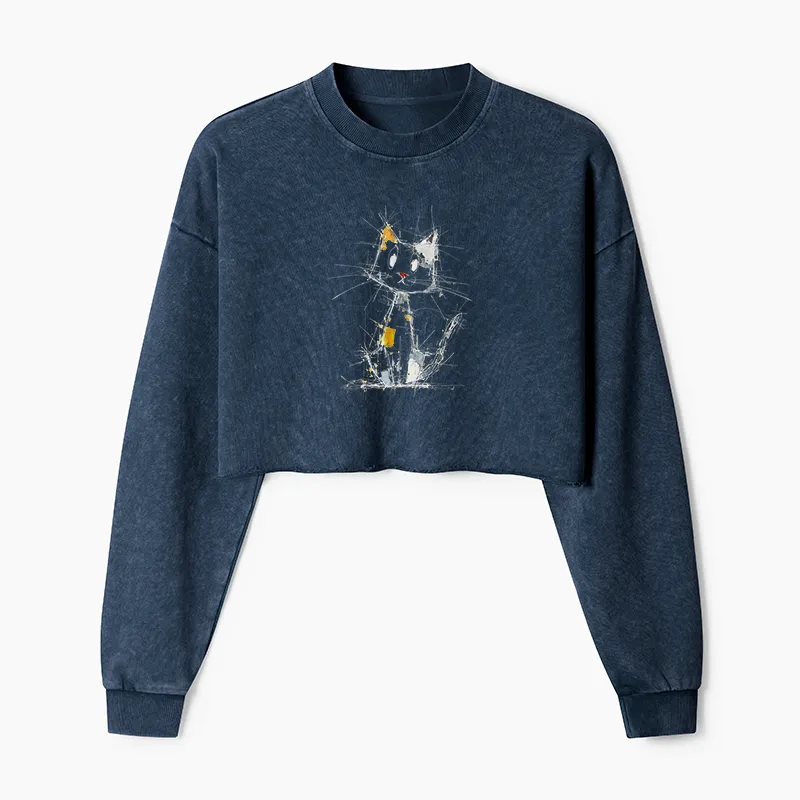 Tokyo-Tiger Minimal Splash Ink Cute Cat Washed Crop Sweatshirt