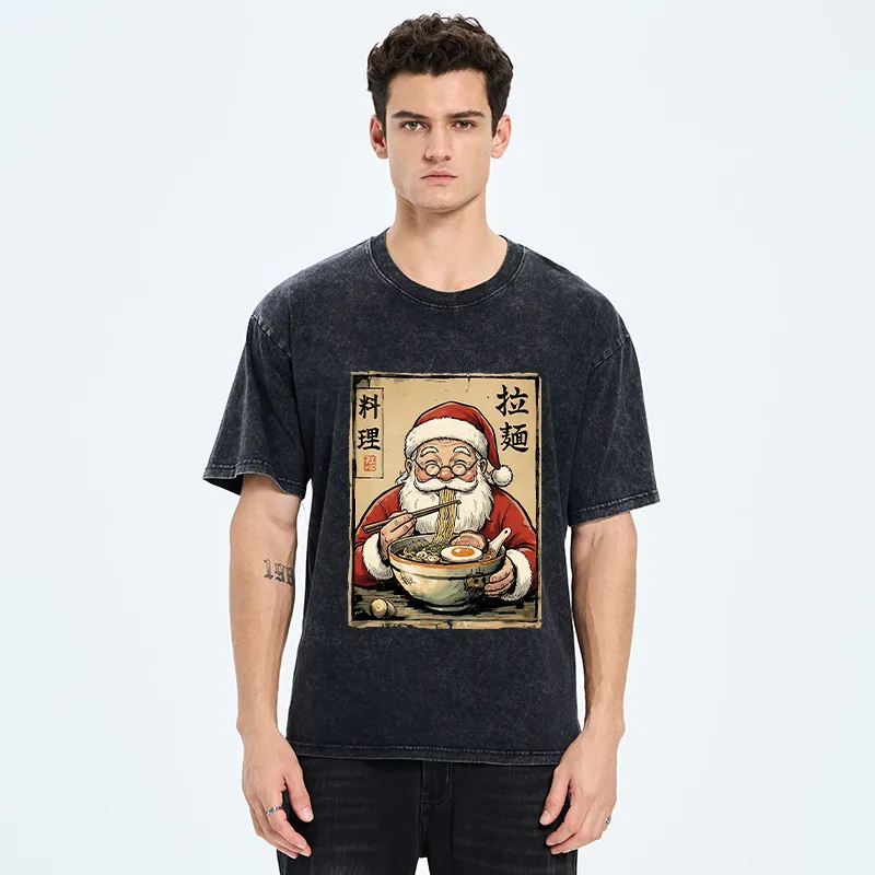 Tokyo-Tiger Santa Eating Ramen Meme Washed T-Shirt