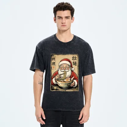 Tokyo-Tiger Santa Eating Ramen Meme Washed T-Shirt