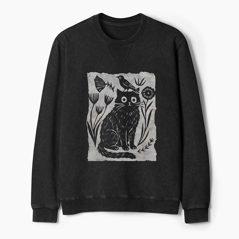 Tokyo-Tiger Folk Paper Cut Cat Bird Floral Art Washed Terry Sweatshirt