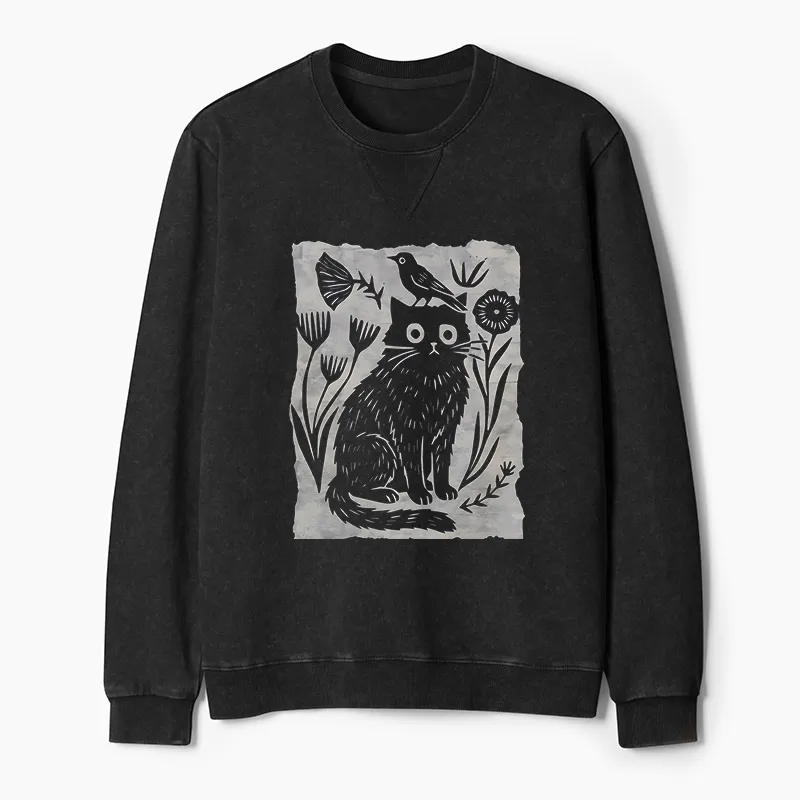 Tokyo-Tiger Folk Paper Cut Cat Bird Floral Art Washed Terry Sweatshirt
