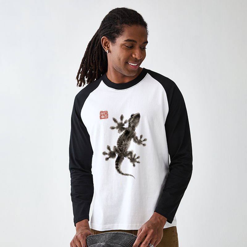 Tokyo-Tiger Minimal Asian Ink Brush Gecko Vibe Raglan Long Sleeve T-shirt