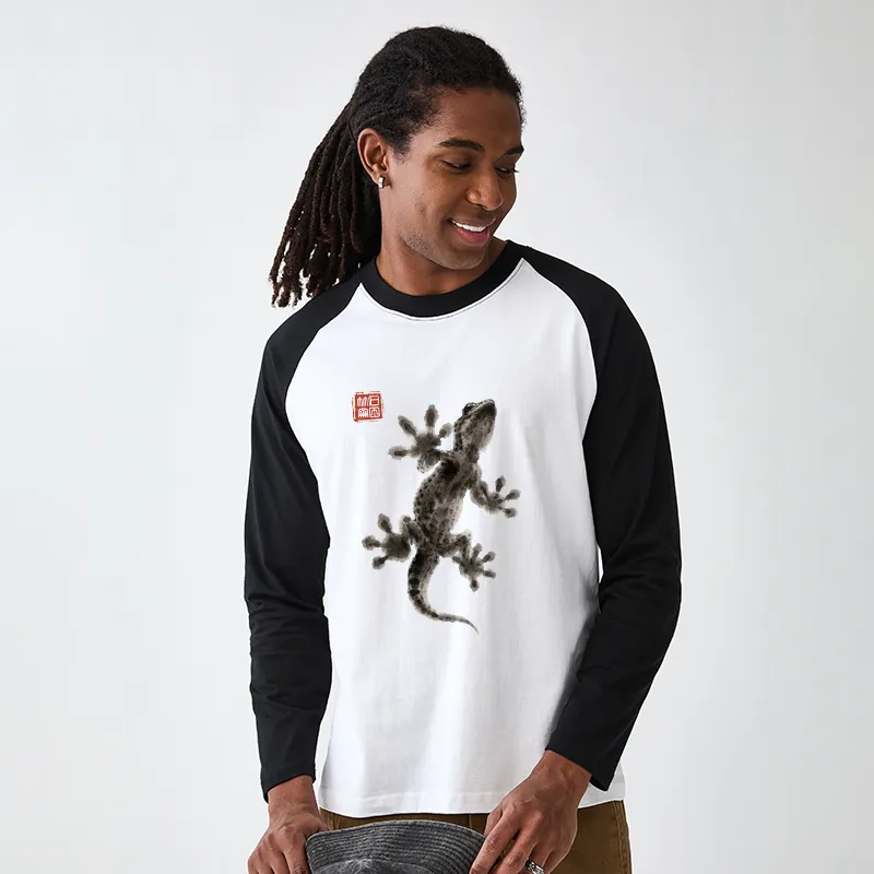 Tokyo-Tiger Minimal Asian Ink Brush Gecko Vibe Raglan Long Sleeve T-shirt