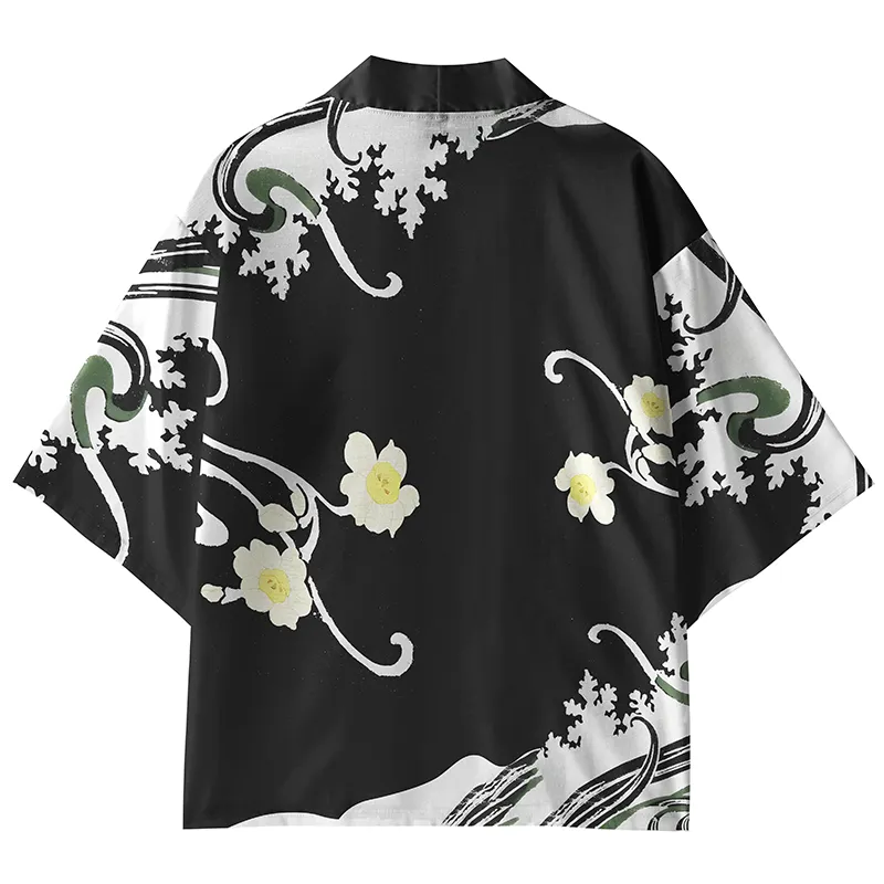Tokyo-Tiger Black wavy flowers Kimono Cardigan