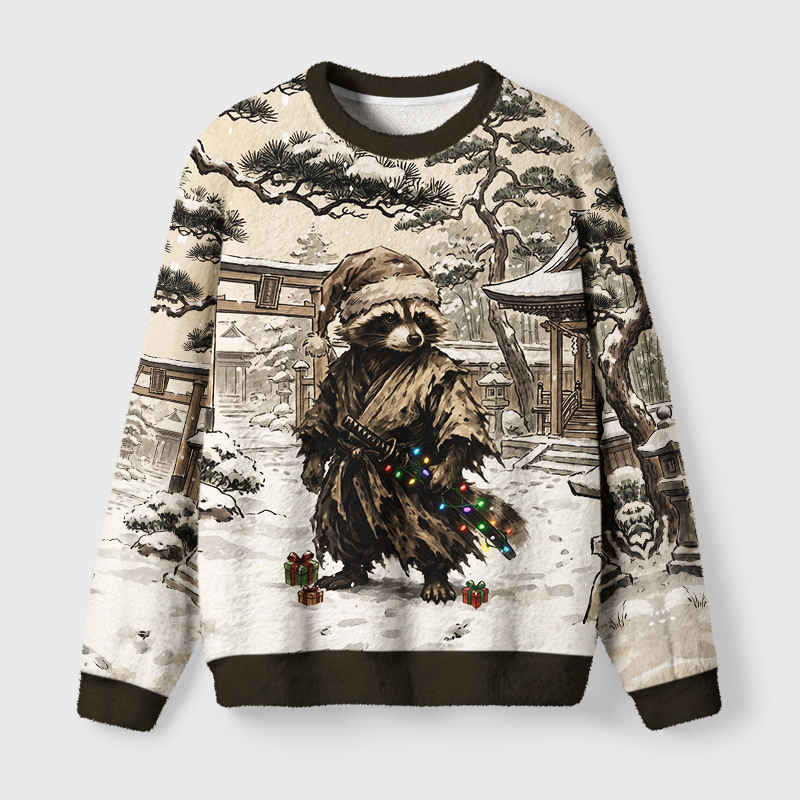 Tokyo-Tiger Retro Raccoon Samurai Fuzzy Christmas Ugly Sweatshirt