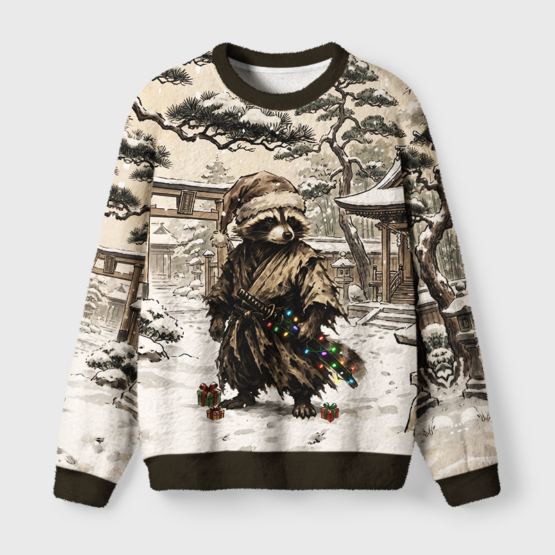 Tokyo-Tiger Retro Raccoon Samurai Fuzzy Christmas Ugly Sweatshirt