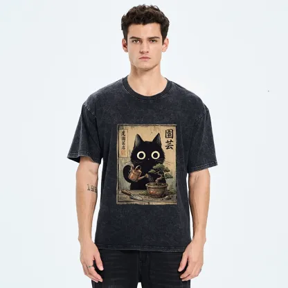 Tokyo-Tiger Black Cat Watering Bonsai Tree Washed T-Shirt
