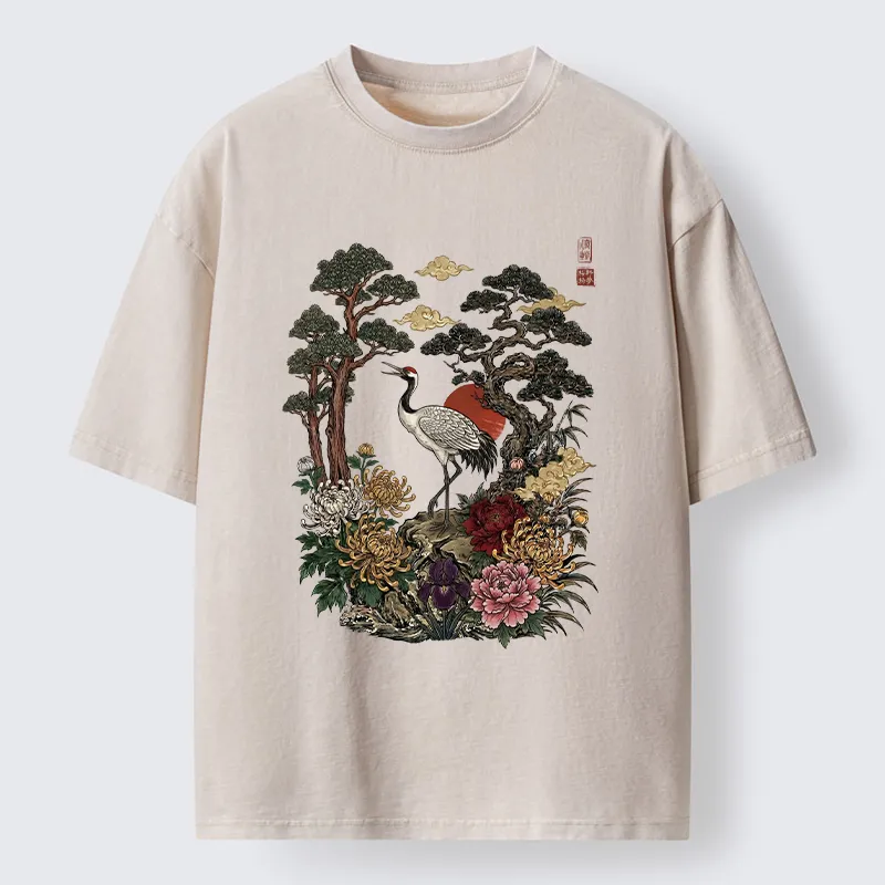 Tokyo‑Tiger Vintage Crane Pine Tree Art Washed T‑Shirt Sale