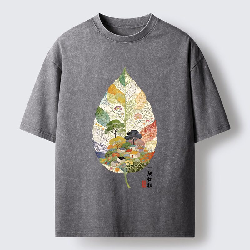 Tokyo-Tiger Autumn Leaf Village Scenery Art Washed T-Shirt