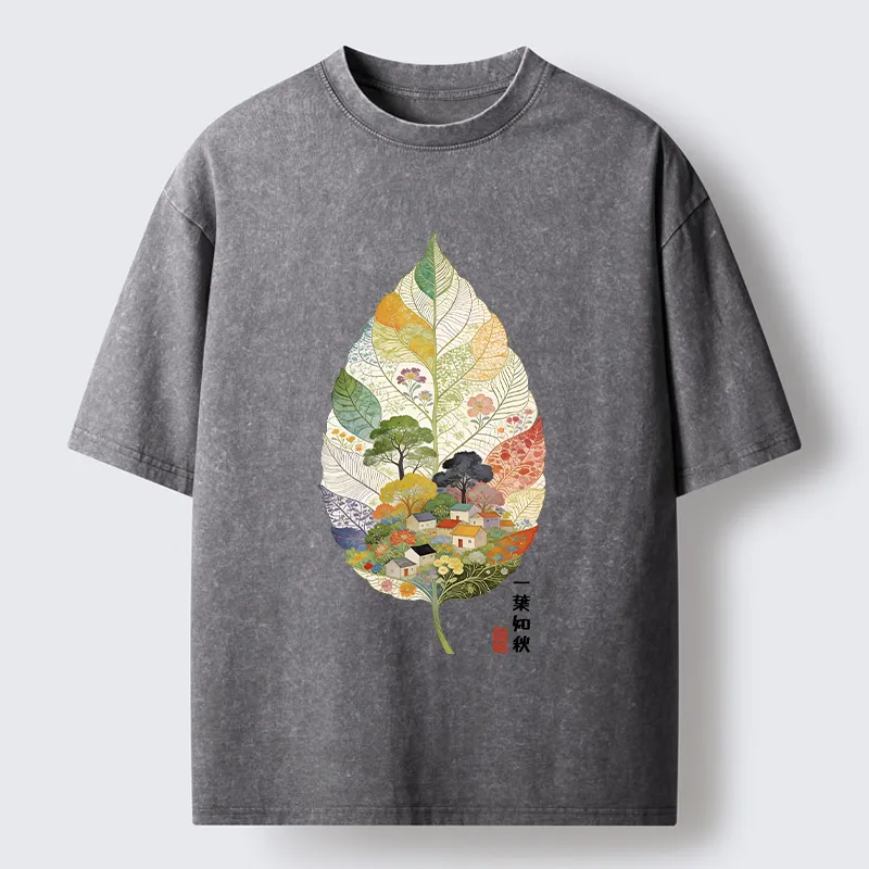 Tokyo-Tiger Autumn Leaf Village Scenery Art Washed T-Shirt