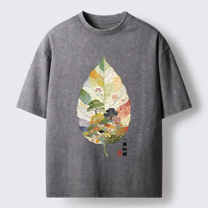 Tokyo-Tiger Autumn Leaf Village Scenery Art Washed T-Shirt