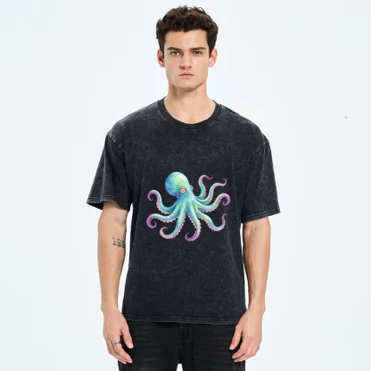 Tokyo‑Tiger Watercolor Octopus Washed T‑Shirt