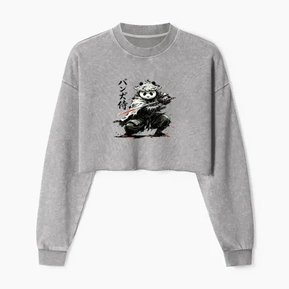 Tokyo-Tiger Panda Samurai Warrior Washed Crop Sweatshirt