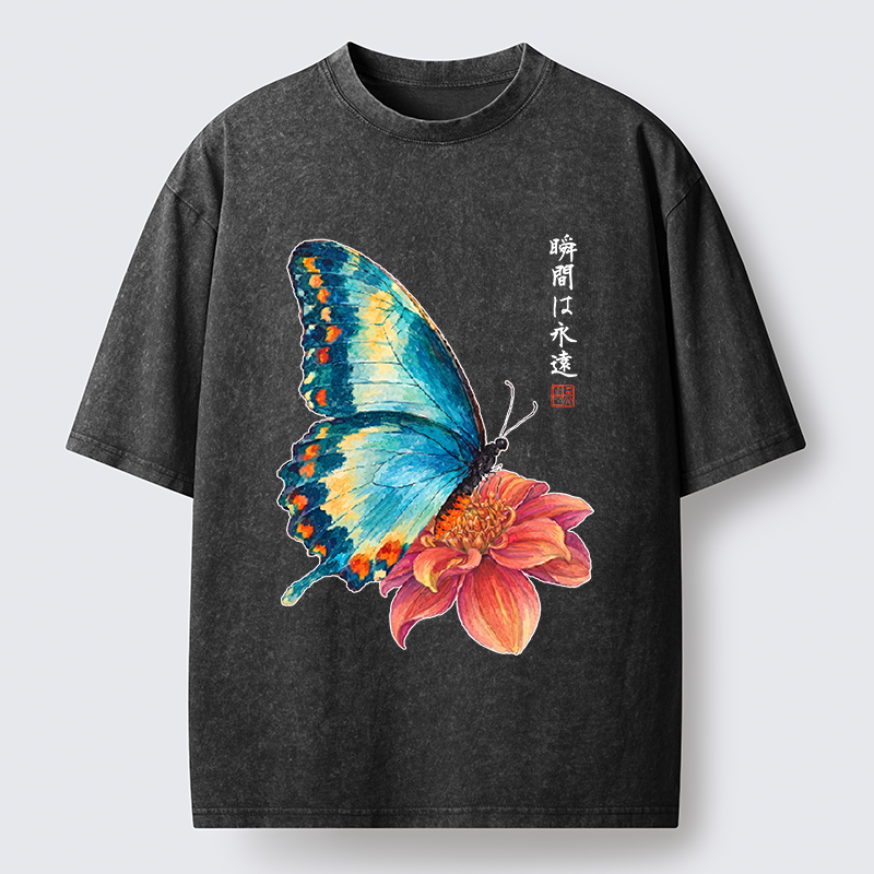 Tokyo-Tiger Flower Butterfly Vibe Washed T-Shirt