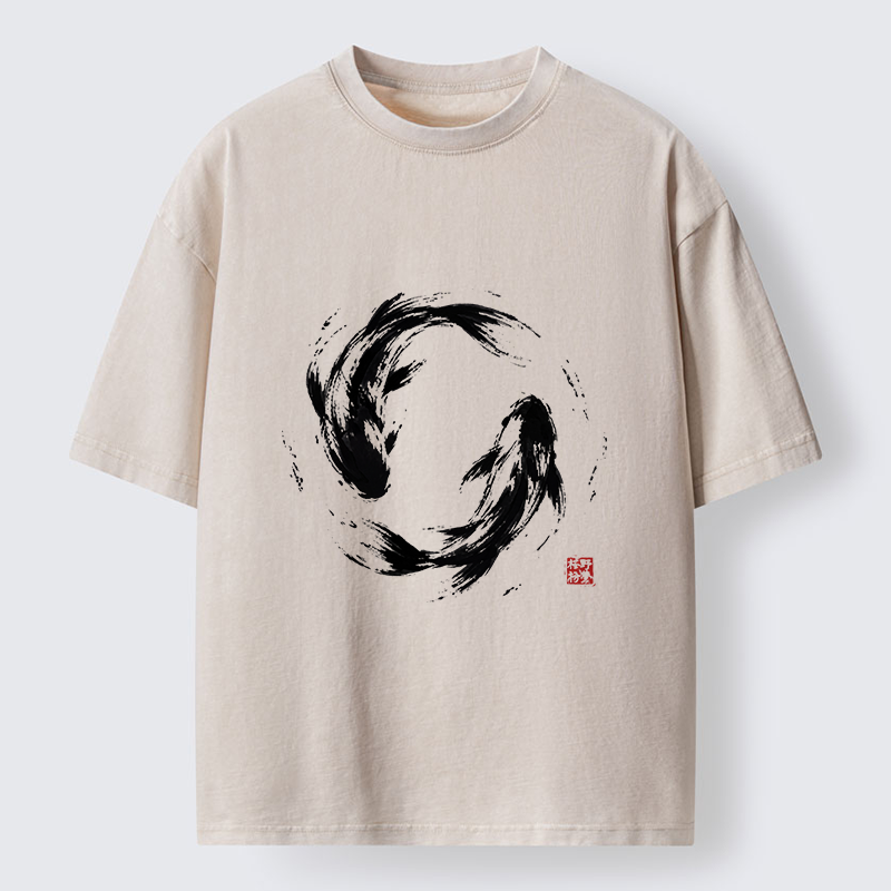 Tokyo-Tiger Ink Koi Fish Circle Washed T-Shirt
