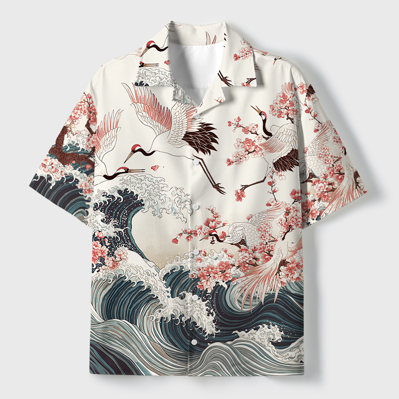 Tokyo-Tiger Cranes Dancing On The Waves Button-up Shirt