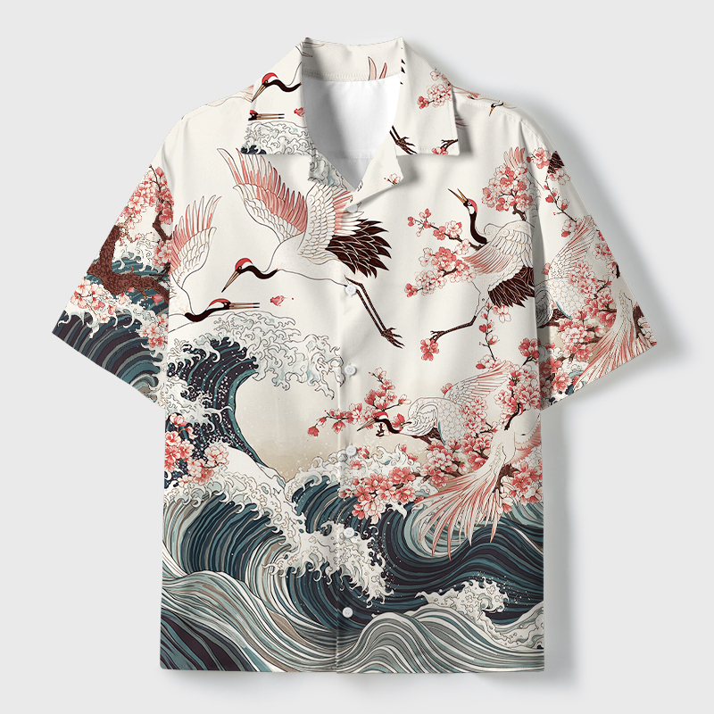 Tokyo-Tiger Cranes Dancing On The Waves Button-up Shirt