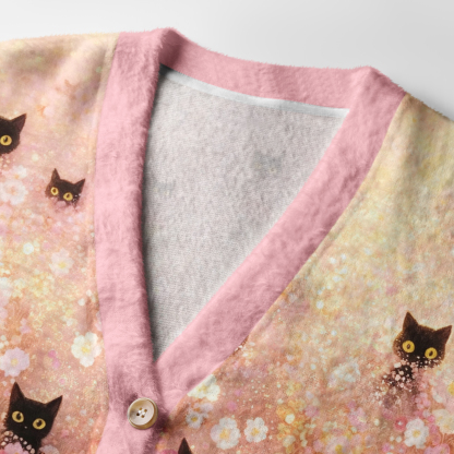 Tokyo-Tiger Black Cats Among Pink Blooms Ugly Cardigan Sweater