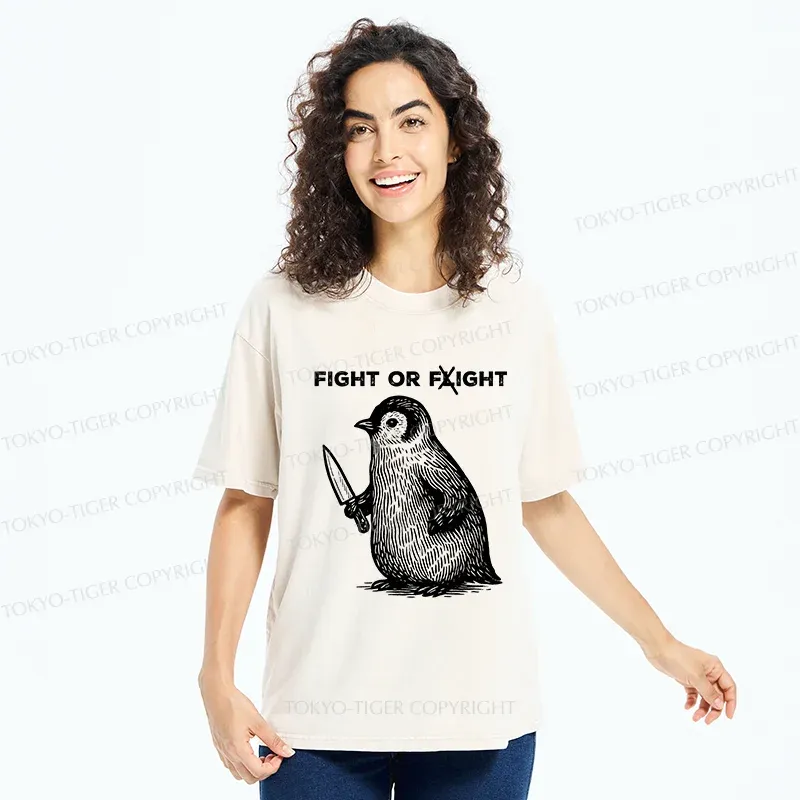 Tokyo-Tiger Funny Fight Or Flight Penguin Washed T-Shirt