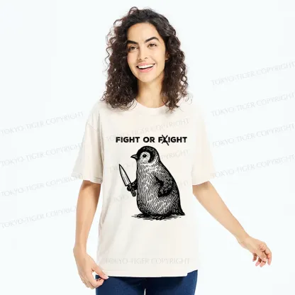 Tokyo-Tiger Funny Fight Or Flight Penguin Washed T-Shirt
