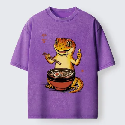 Tokyo-Tiger Japanese Gecko Eating Ramen Washed T-Shirt