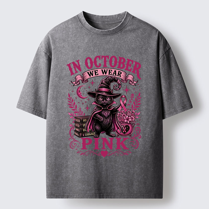 Tokyo-Tiger Witch Cat Breast Cancer Awareness Washed T-Shirt
