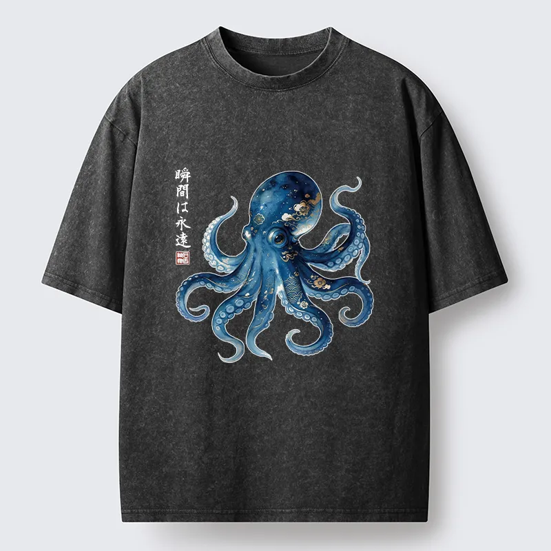 Tokyo-Tiger Japanese Ink Blue Octopus Art Washed T-Shirt