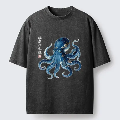 Tokyo-Tiger Japanese Ink Blue Octopus Art Washed T-Shirt