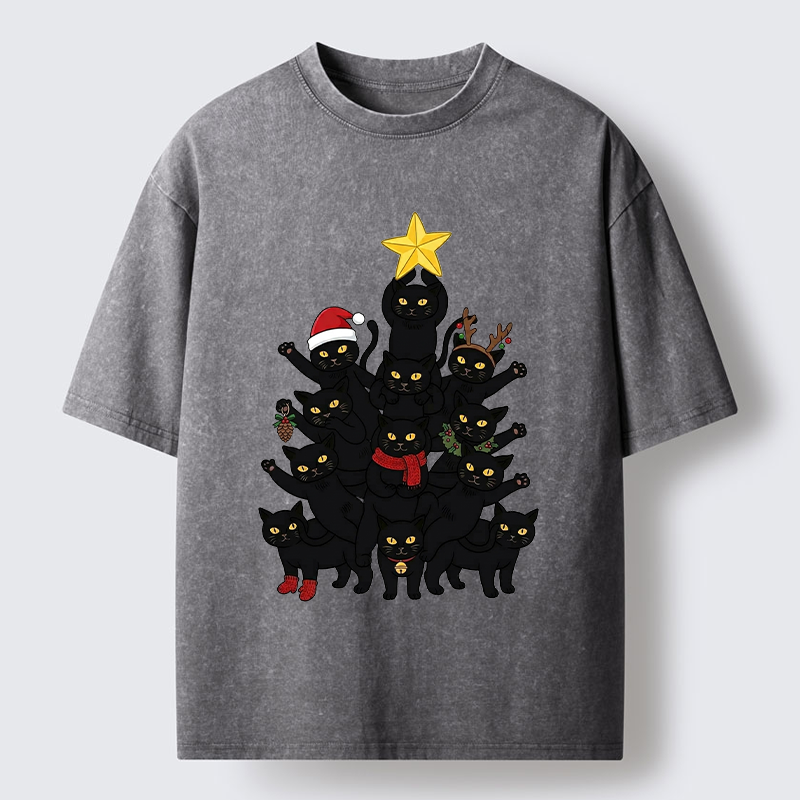 Tokyo-Tiger Stacked Black Cat Christmas Tree Washed T-Shirt