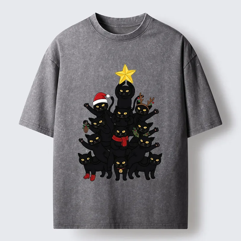 Tokyo-Tiger Stacked Black Cat Christmas Tree Washed T-Shirt