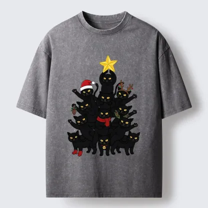 Tokyo-Tiger Stacked Black Cat Christmas Tree Washed T-Shirt