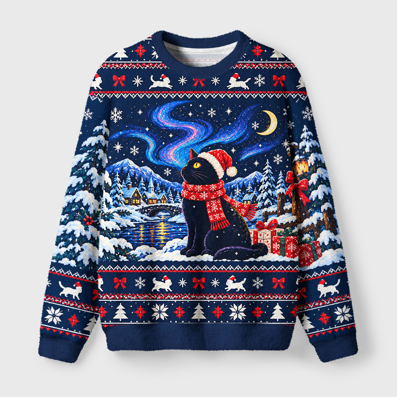 Tokyo-Tiger Winter Night Santa Cat Fuzzy Christmas Ugly Sweatshirt