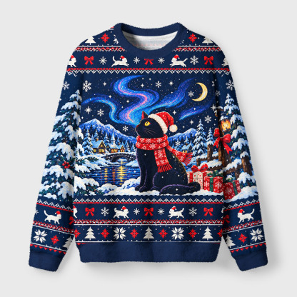 Tokyo-Tiger Winter Night Santa Cat Fuzzy Christmas Ugly Sweatshirt