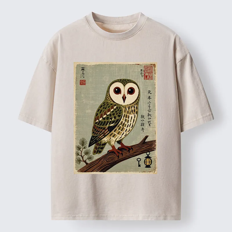 Tokyo-Tiger Vintage Woodblock Owl Art Washed T-Shirt