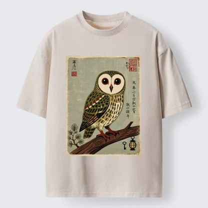 Tokyo-Tiger Vintage Woodblock Owl Art Washed T-Shirt