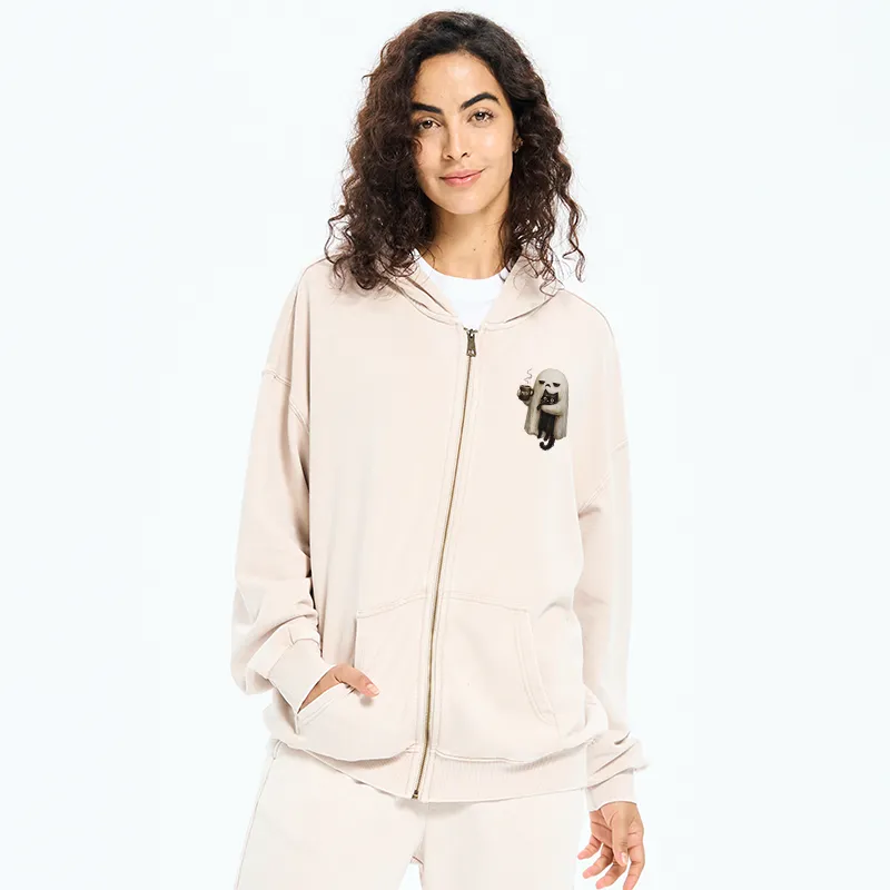Tokyo-Tiger Ghost Cat Coffee Mood Washed Zip Hoodie