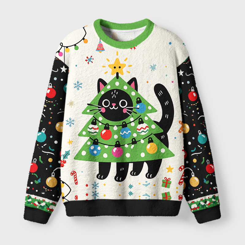 Tokyo-Tiger Christmas Tree Cat Fuzzy Christmas Ugly Sweatshirt